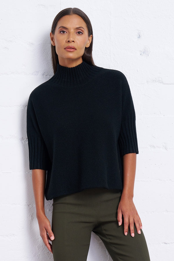 Funnel Neck Dolman Sweater - Black