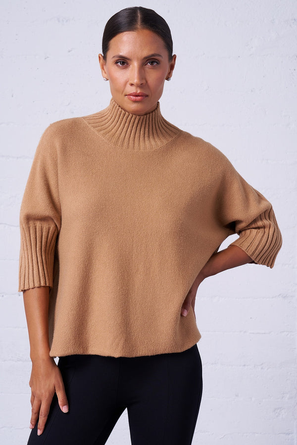 Funnel Neck Dolman Sweater - Camel